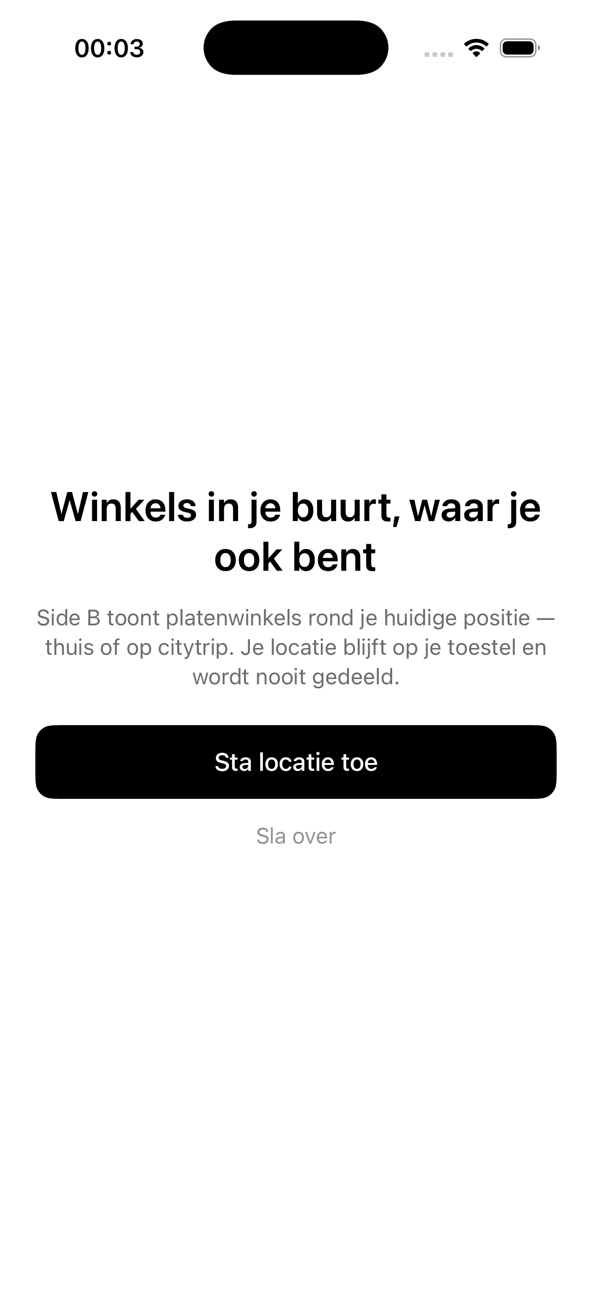 Openingsscherm van Side B met de vraag om locatie te delen en de mogelijkheid die stap over te slaan.